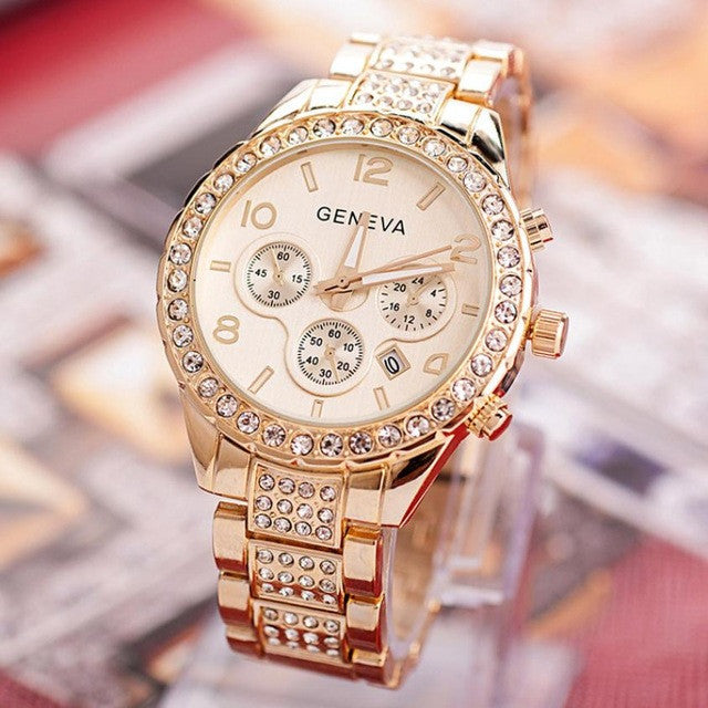 2017 Luxury Watch Women Geneva Watches Crystal Quartz Wrist Watches For Women Ladies Dress Watch Gold Rose Gold Relogio