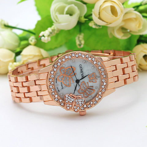 Fashion Womentterfly Diamond Stainless Steel Band Quartz Movement Wrist Watch