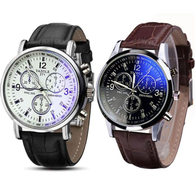 2PC Luxury Fashion Faux Leather Mens Blue Ray Glass Quartz Analog Watches