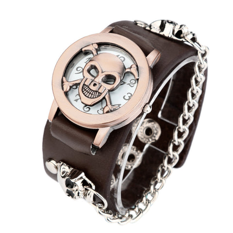 Black Punk Chain Skull Leather Watch Women Men Bracelet Cuff Gothic Watch