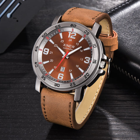 Fashion xinew Men Sports Date Analog Quartz Leather Stainless Steel Wrist Watch