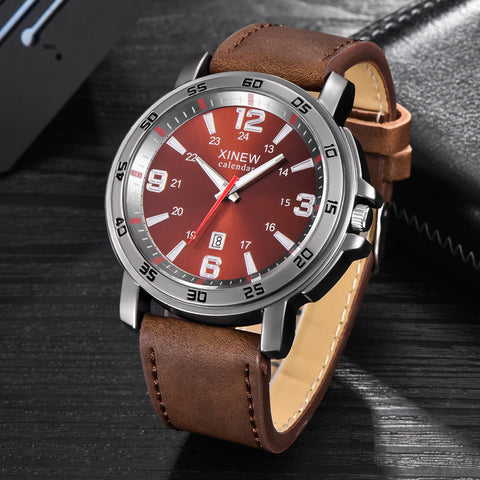 Fashion xinew Men Sports Date Analog Quartz Leather Stainless Steel Wrist Watch