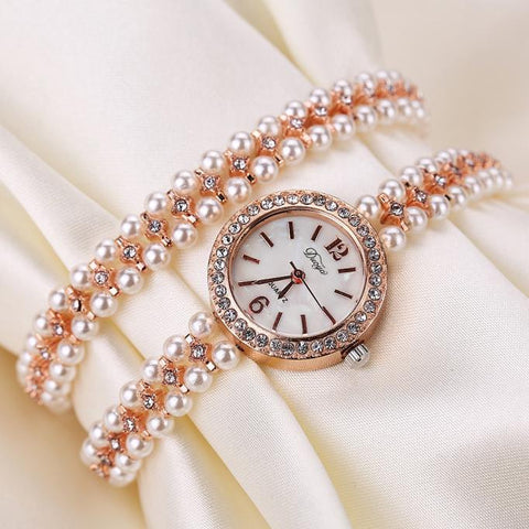 Quartz Watch Women Gold Pearl Jewelry Steel Bracelet Wristwatch Crystal Casual