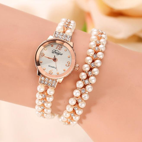 Quartz Watch Women Gold Pearl Jewelry Steel Bracelet Wristwatch Crystal Casual