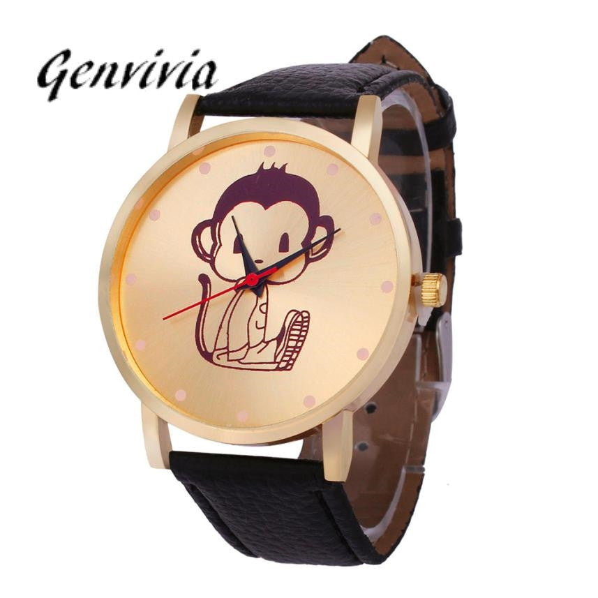 Genvivia Monkey Pattern Leather Band Women Dress Watch 2017 Fashion Cartoon Print Analog Quartz Vogue Wristwatches