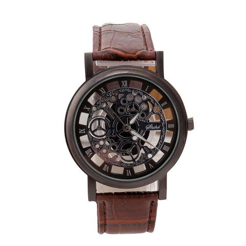 Luxury Stainless Steel Leather Wrist Watch Hollow Design Watch  Quartz Wrist Watch for Men