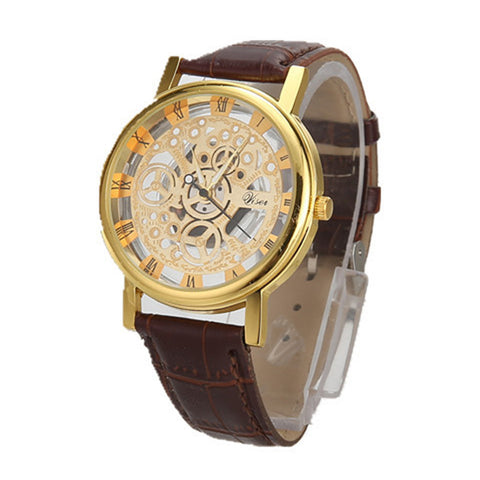 Luxury Stainless Steel Leather Wrist Watch Hollow Design Watch  Quartz Wrist Watch for Men