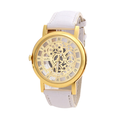 Luxury Stainless Steel Leather Wrist Watch Hollow Design Watch  Quartz Wrist Watch for Men