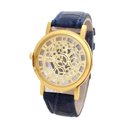 Luxury Stainless Steel Leather Wrist Watch Hollow Design Watch  Quartz Wrist Watch for Men