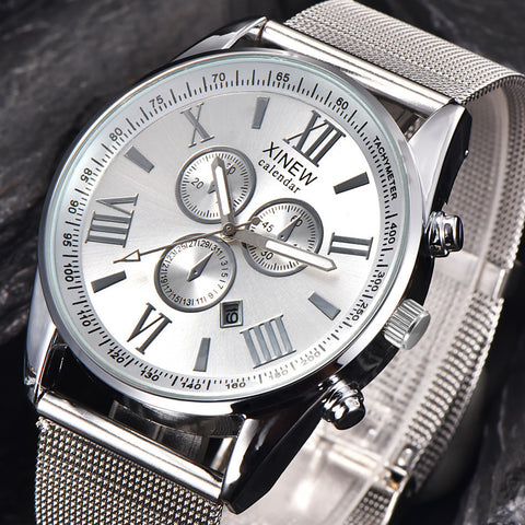 Men's Multifunction Day Date Analog Quartz Stainless Steel Mesh Wrist Watch